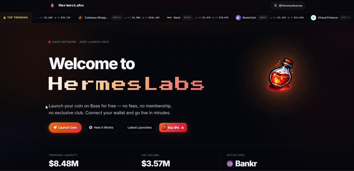 The image is a screenshot of the HermesLab website, displaying the welcome page with text and an item that looks like a bottle or a jar. The background color of the site is black, making the text stand out. The bottom portion of the webpage features a link to a YouTube video on bankr.bot's launch page for hermeslabs.