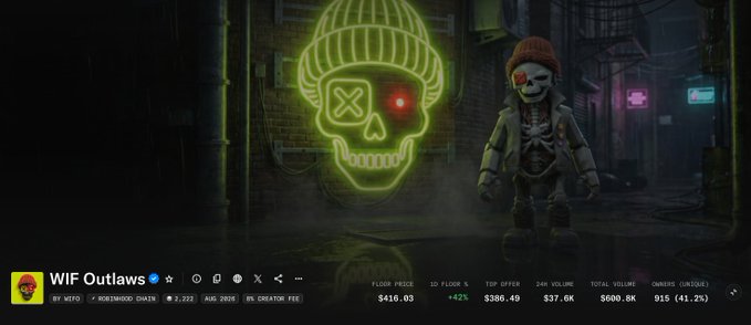 A dark 3D-rendered scene of a Lego-like skeleton figure in a beanie standing in an alley, with a neon green skull graffiti on the wall and a bottom bar labeled 'WIF Outlaws' showing price metrics including $416.03 and +42%.