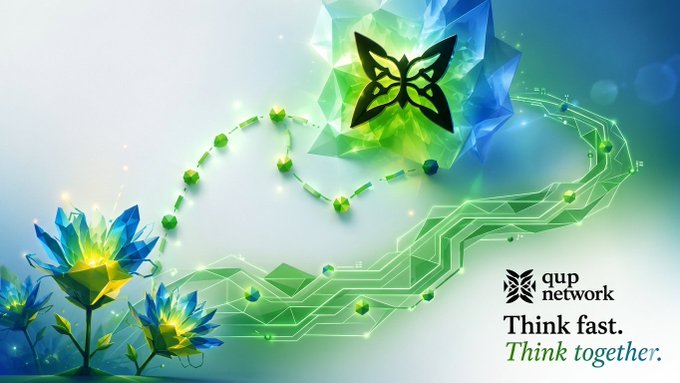 The image features a poster with a butterfly and flowers as its main elements. The butterfly has green wings and black spots, while the flowers are blue and yellow. The background of the poster is white, which contrasts with the colorful butterfly and flowers. The text on the poster reads "Think fast. Think together." This message emphasizes the importance of collaboration and working together to achieve goals quickly.