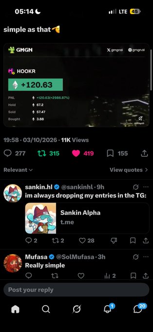 A screenshot of a tweet about the GMGN trading bot showing a +$120.63 profit on the token HOOKR.