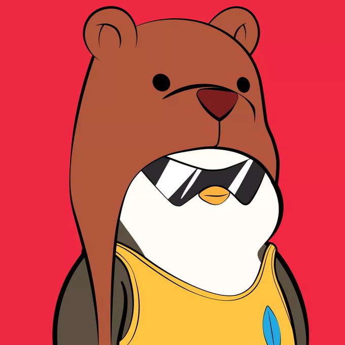 A cartoon illustration of a penguin wearing sunglasses and a yellow shirt with a bear costume hood on, set against a solid red background.