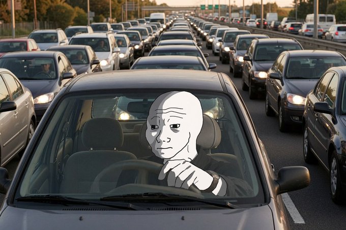A meme featuring a Wojak-style illustration of a bald, sad-looking man driving a car in a heavy traffic jam on a highway.