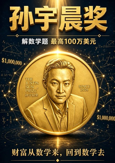 A promotional poster for "孙宇晨奖" (Justin Sun Prize) featuring a gold coin with a man's portrait, text "解数学题 最高100万美元" and "财富从数学来，回到数学去", along with "$1,000,000" and "SINCE 2026" markings.