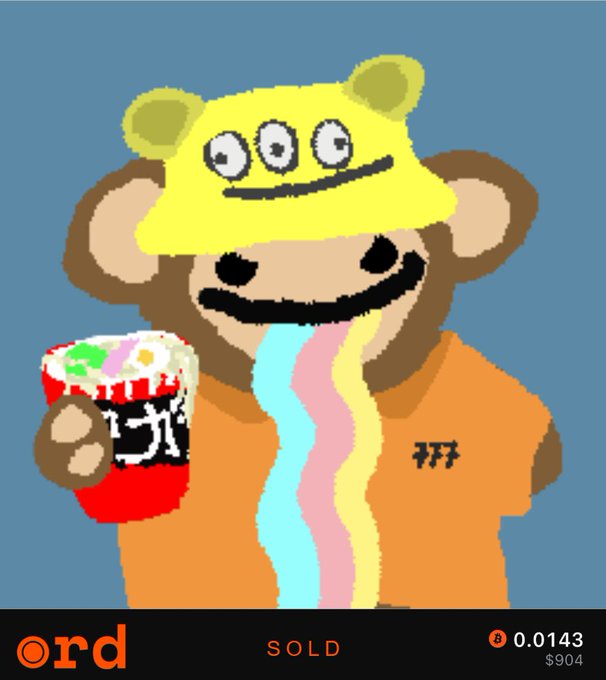 A pixel art NFT of a brown character with a yellow 'three-eyed' hat drinking from a red cup, with 'Ord' text, 'SOLD', and a price of 0.0143 / $904.