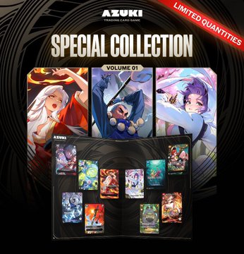 An AZUKI trading card game advertisement for a 'SPECIAL COLLECTION VOLUME 01' with 'LIMITED QUANTITIES', showing anime-style character cards.