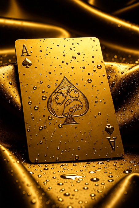 A stylized golden playing card, the Ace of Spades, with water droplets on its surface and a face design embossed on the spade, set against a shimmering golden fabric background.