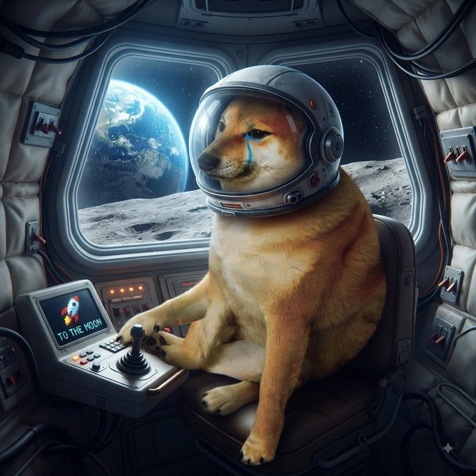 A Shiba Inu dog wearing an astronaut helmet sits in a spaceship cockpit, gazing at Earth with tears streaming down its face, with a control panel displaying "TO THE MOON" alongside a rocket graphic—visually reinforcing the post's "Journey to the Moon with Loom" theme through a melancholic, meme-inspired astronaut scene.