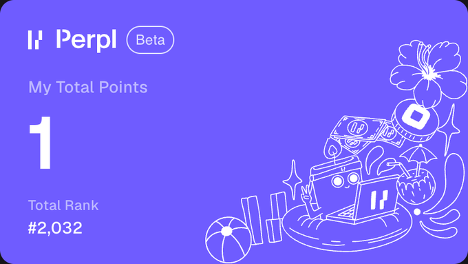 A purple 'Perpl Beta' dashboard showing 'My Total Points' as 1 and 'Total Rank' as #2,032, with decorative line art illustrations on the right side.