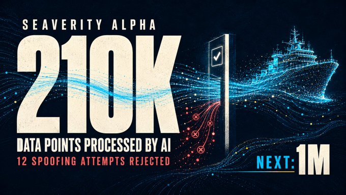 A graphic titled 'SEAVERITY ALPHA' displays '210K DATA POINTS PROCESSED BY AI' and '12 SPOOFING ATTEMPTS REJECTED', with 'NEXT: 1M' in the corner and an illustrated ship on the right.