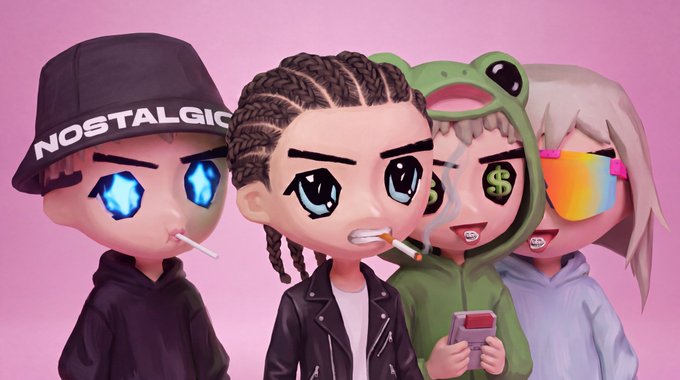 A 3D animated rendering of four stylized cartoon characters posed together against a pink background. The characters wear various accessories including a "NOSTALGIC" cap, sunglasses, a frog hat, and rainbow shades, with one holding a phone.