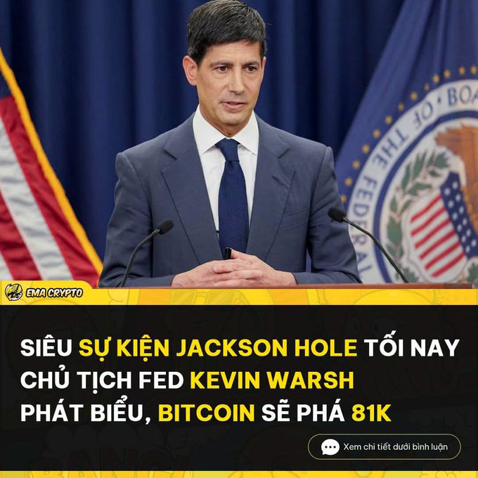 A graphic featuring Fed Chair Kevin Warsh at a podium, with Vietnamese text stating "SIÊU SỰ KIỆN JACKSON HOLE TỐI NAY CHỦ TỊCH FED KEVIN WARSH PHÁT BIỂU, BITCOIN SẼ PHÁ 81K", branding from "EMA CRYPTO".