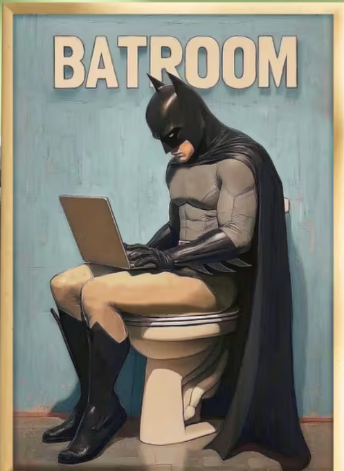 A humorous painting-style illustration of Batman sitting on a toilet using a laptop, with the word 'BATROOM' displayed at the top.