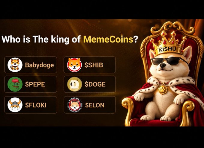 A promotional graphic titled 'Who is The king of MemeCoins?' features a crowned Shiba Inu wearing sunglasses, alongside logos and tickers for Babydoge, $SHIB, $PEPE, $DOGE, $FLOKI, and $ELON.