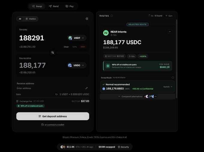 A cryptocurrency swap interface showing a trade of 188,291 USDT for 188,177 USDC via the NEAR Intents route.
