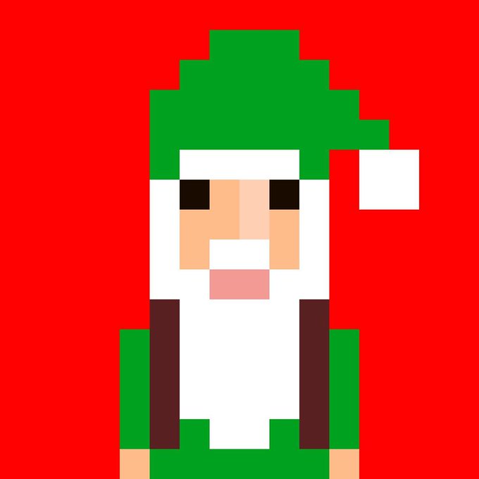 A pixel-art Santa Claus with a green hat and white beard is displayed on a bold red background, fitting the festive holiday theme of the post about an 8BIT BROKER NFT collection airdrop on OpenSea.