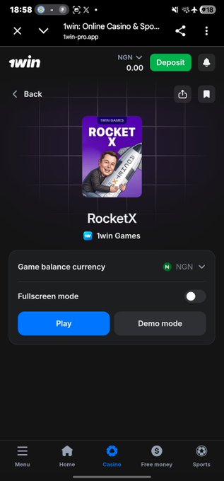A screenshot of the 1win online casino app showing the RocketX game by 1win Games, with options to select NGN as the game balance currency and play in fullscreen or demo mode.