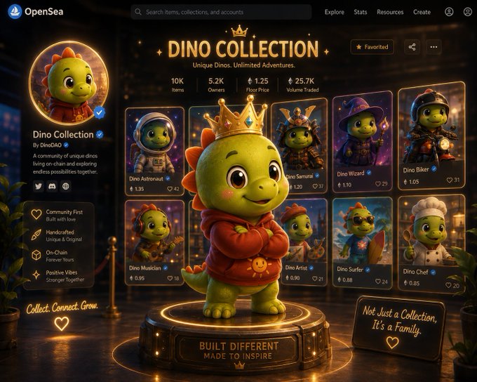 OpenSea marketplace page showcasing the 'DINO COLLECTION' NFT project with 10K items, 5.2K owners, and a 1.25 floor price, featuring various dinosaur character avatars like 'Dino Astronaut' and 'Dino Chef'.