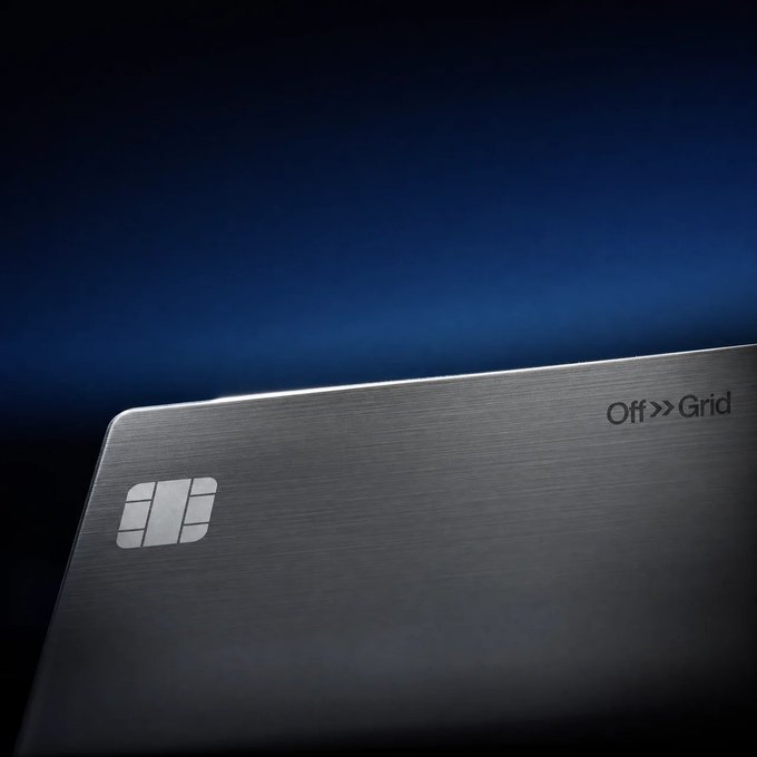 A brushed metal card featuring a chip and the text "Off>>Grid" is displayed against a dark blue background, serving as a sleek visual representation for a post breaking down the true costs behind no-KYC cryptocurrency cards.