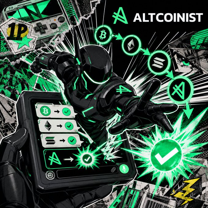 The image shows a futuristic black-and-green armored figure holding a tablet displaying successful trade confirmations for Bitcoin (₿), Ethereum (Ξ), Solana (◎), and the "A" Altcoinist logo, with corresponding crypto icons trailing across the top alongside the "ALTCOINIST" brand name—visually reinforcing the post's claim about the Altcoinist app successfully consolidating high-conviction crypto calls in one place.
