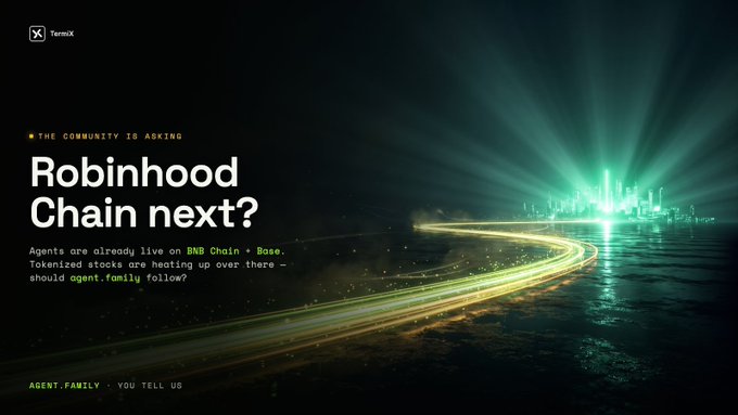 A TermX promotional banner asking 'Robinhood Chain next?' featuring the text 'THE COMMUNITY IS ASKING' and 'AGENT.FAMILY - YOU TELL US' against a futuristic cityscape background with glowing green lights.