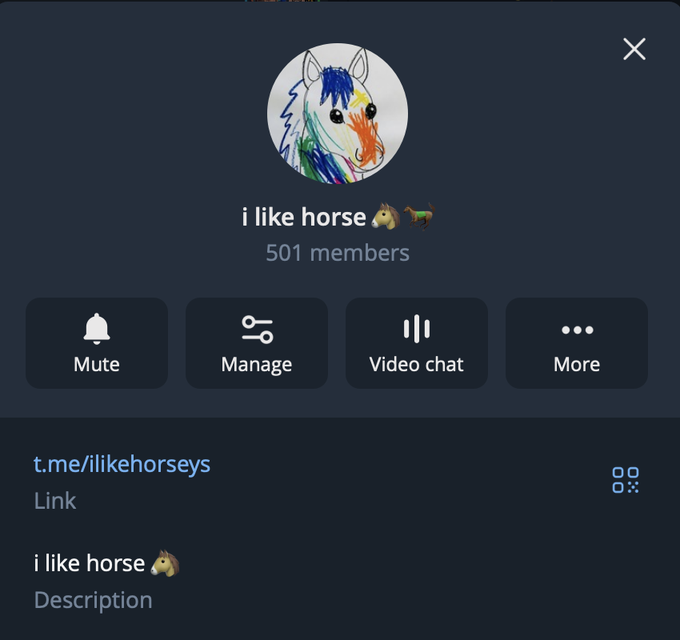 A Telegram group "i like horse 🐴🐴" with 501 members, featuring a rainbow-colored horse logo and the link t.me/ilikehorseys, celebrating the milestone of surpassing 500 members as referenced in the post.