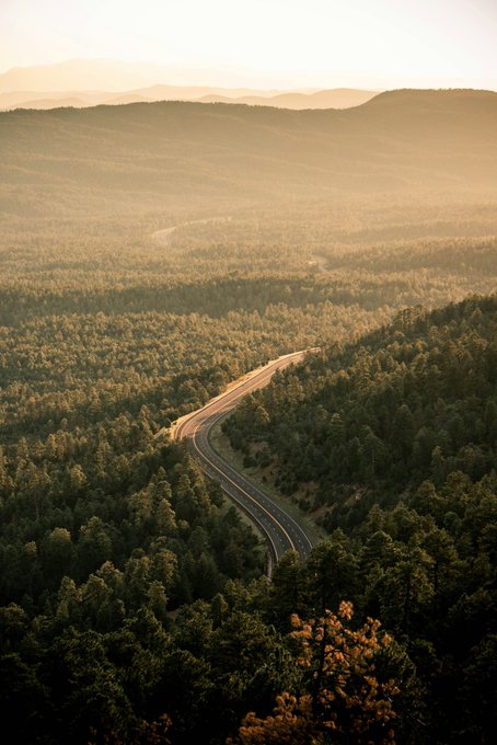 The image shows an aerial view of a winding road through a lush, green forested area. The road curves gently around the edge of the frame, leading towards the horizon where the sky meets the mountains. The scene conveys a sense of tranquility and natural beauty as it stretches out into the distance.