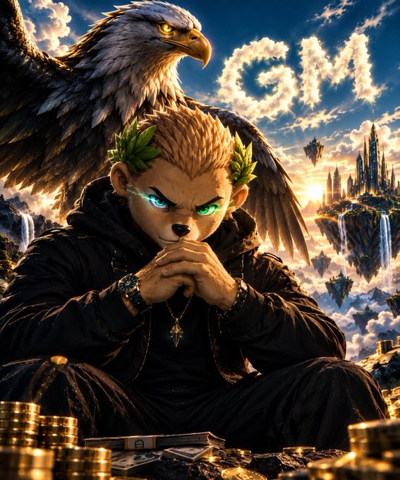 A fantasy-style digital artwork featuring an anthropomorphic hedgehog character with glowing blue and green eyes, sitting in a thinking pose wearing a black hoodie, accompanied by a large eagle, with gold coins, cash, and a floating castle in the sky background, with 'JOY' spelled out in clouds.
