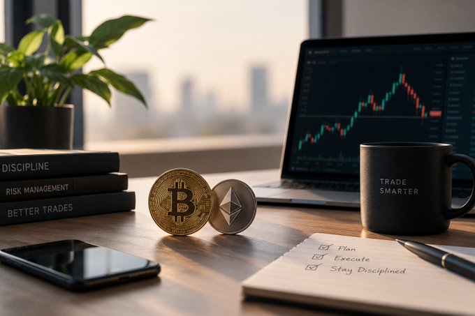 A trading desk setup featuring Bitcoin and Ethereum coins next to books titled 'DISCIPLINE', 'RISK MANAGEMENT', and 'BETTER TRADES', with a laptop showing a candlestick chart, a 'TRADE SMARTER' mug, and a notebook with a checklist (Plan, Execute, Stay Disciplined).