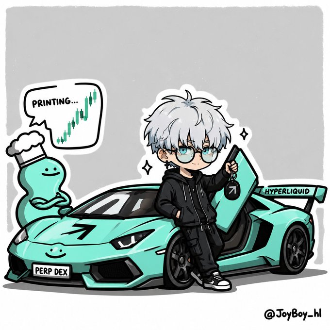The image features a boy sitting next to a green sports car, with a cartoon character standing behind him. In front of the boy, there's a green car that has the number 7 on its side. The background of the image is white, which contrasts nicely with the green color of the car and the boy. There are also some text elements in the image, including "Printing..." and "Hyperliquid".