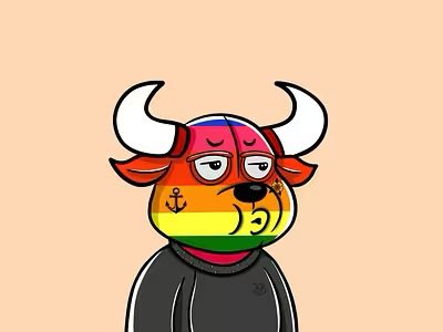 A cartoon illustration of a bull character wearing a hoodie, with its face colored in a rainbow gradient featuring an anchor and the number '9'.