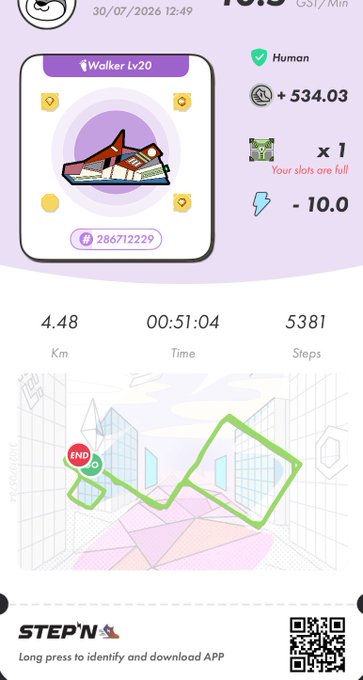 A screenshot from the STEP'N app showing a 'Walker Lv20' sneaker NFT, with stats including 4.48 Km, 00:51:04 time, and 5381 steps.