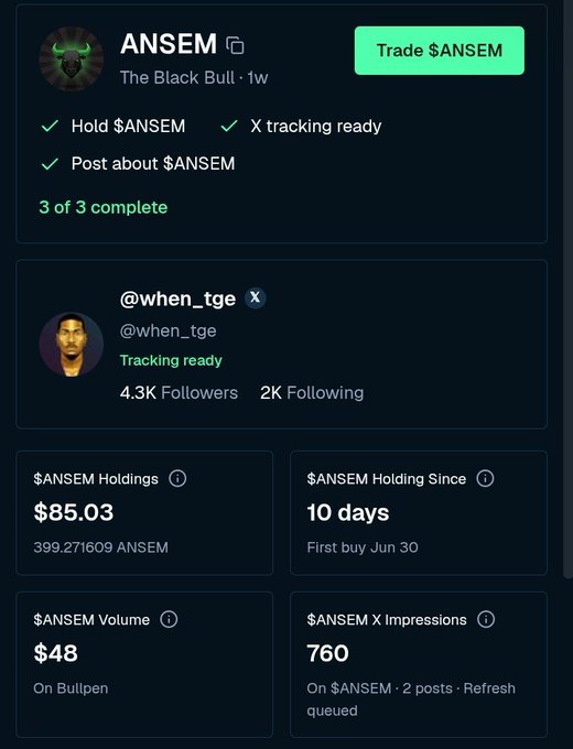 Dashboard interface showing a user profile 'ANSEM - The Black Bull' with 3 of 3 tasks complete, $ANSEM Holdings of $85.03, and a 'Trade $ANSEM' button.