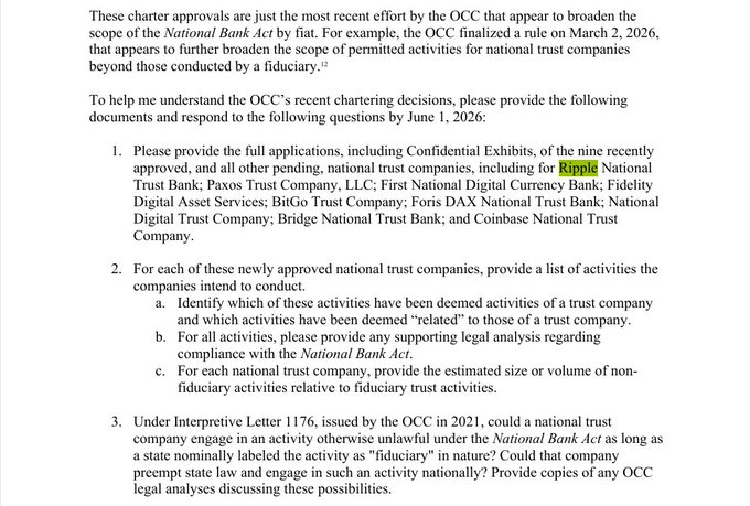 The image features an email from Elizabeth Warren, dated 11/7/2011, that includes detailed information about Ripple and the Federal Banking Charter. It also discusses how the government wants access to these charter documents, which raises questions about privacy rights and transparency in banking operations. The email shows that the government is concerned with regulating financial institutions like Ripple for national security reasons or some other purpose.