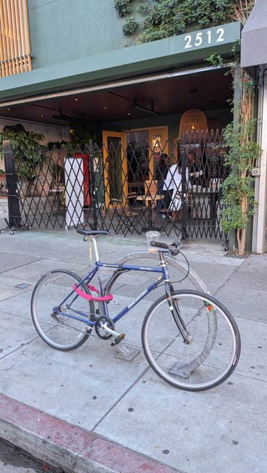 A blue vintage-style bicycle with a pink handlebar grip parked on a sidewalk in front of a storefront with a green awning labeled "2512."