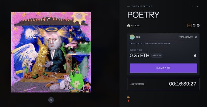 A crypto auction interface displays "POETRY" by 61 Crash with the NFT image featuring a surreal collage of figures, with a current bid of 0.25 ETH from "cryptotaxguy" and an auction countdown at 00:16:39:27, directly illustrating the post's announcement of their first bid on the live "POETRY" art piece.