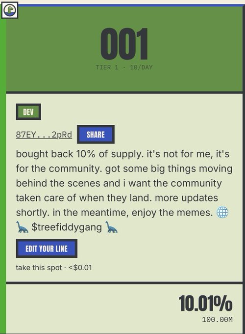 A digital card interface displays tier '001' at 10.01%, featuring a developer message about buying back 10% of supply for the community and a 'SHARE' button.