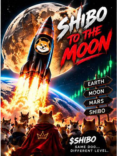 A promotional poster for the "$SHIBO" meme cryptocurrency titled "SHIBO TO THE MOON," featuring a Shiba Inu dog in a rocket ship flying past the moon, with directional signs pointing to Earth, Moon, Mars, and Shibo, and the tagline "SAME DOG... DIFFERENT LEVEL."
