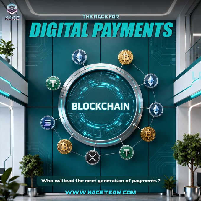 A futuristic digital display featuring the headline "THE RACE FOR DIGITAL PAYMENTS" with a central "BLOCKCHAIN" hub connected to various cryptocurrency icons including Bitcoin (B), Ethereum, Tether (T), and Solana, accompanied by the tagline "Who will lead the next generation of payments?" and the website "WWW.NACETEAM.COM," visually reinforcing the post's theme of how stablecoins and blockchain technology are driving the evolution of digital finance.