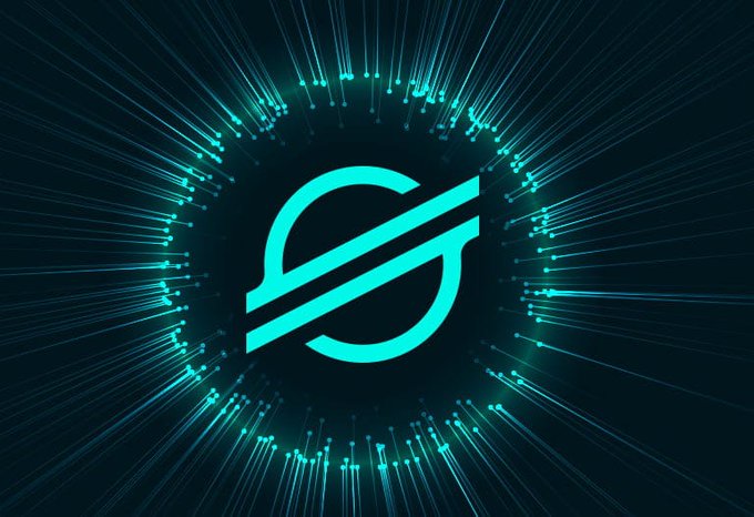 The image features a logo with two vertical lines, one inside the other, surrounded by blue dots that appear to be emitting light from behind them. The logo is set against a dark background, which emphasizes its colors and design. The caption below the image reads "Focus on what is in the image and how it relates to the post #Stellar going its own Damn way What if we're witnessing the first token starting to absorb a certain part of the utility market?".