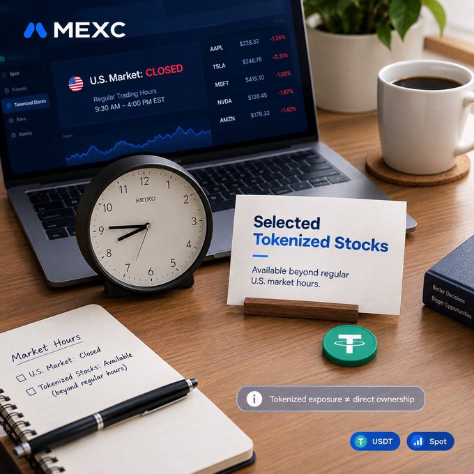 A promotional image for MEXC cryptocurrency exchange features a laptop showing stock prices, a clock, and a card reading 'Selected Tokenized Stocks - Available beyond regular U.S. market hours' alongside Tether (USDT) and Spot options.