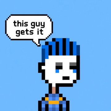Pixel art of a blue-haired character with a speech bubble reading 'this guy gets it'.