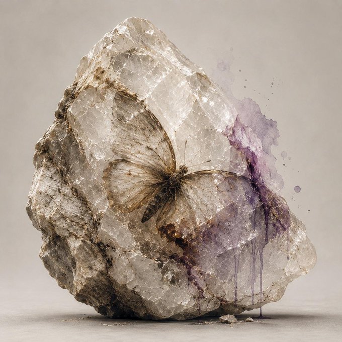 A large, rough white rock with purple watercolor-like splashes and a butterfly appears to be embedded in it.