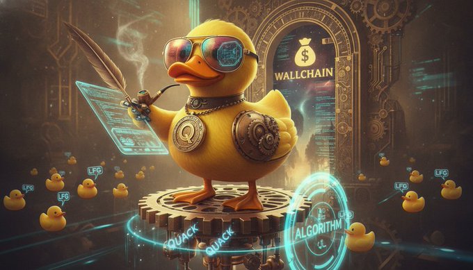 The image features a cartoon duck holding a feather duster with its beak while wearing sunglasses and glasses. The duck appears to be standing on a machine or contraption that has a "wallchain" symbol, suggesting an element of technology or digital media. In the background, there are numerous other ducks scattered around, indicating a social setting or event. The post about the @wallchain algorithm emphasizes the importance of understanding and utilizing the correct methods for achieving success in this particular context. It encourages users to focus on the content within the image rather than being distracted by unrelated elements like the presence of other ducks.