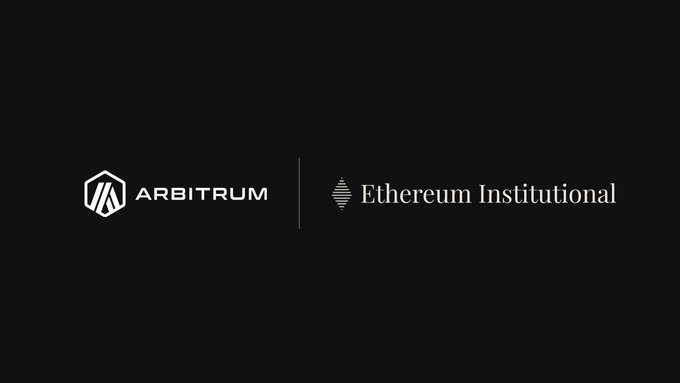 The image displays a dark background featuring the Arbitrum logo and wordmark on the left, paired with the Ethereum Institutional logo and wordmark on the right, separated by a thin vertical line. This visual represents the announced partnership between Arbitrum and a coalition of 100+ ecosystem leaders supporting Ethereum Institutional's mission to accelerate institutional adoption of Ethereum.