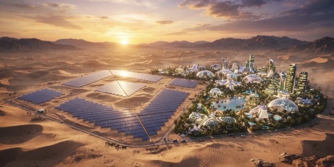 A futuristic eco-city concept featuring large solar panel arrays and dome-shaped buildings situated in a vast desert landscape under a sunset sky.