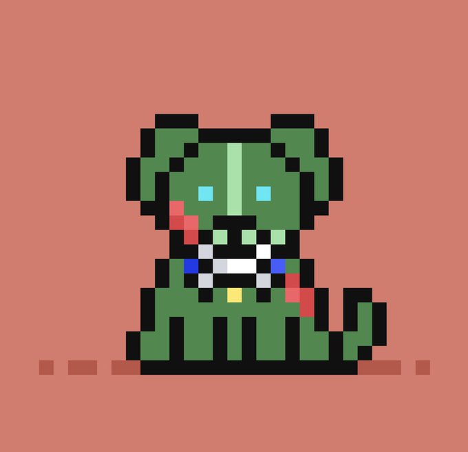 A pixel art illustration of a green zombie dog with cyan eyes, exposed teeth, a red gash, and a blue collar, set against a salmon-pink background. The image ties to the post as a sneak peek of the "Zombie Doggo" character from the new ROBINHOOD DOGGOS NFT collection on OpenSea.
