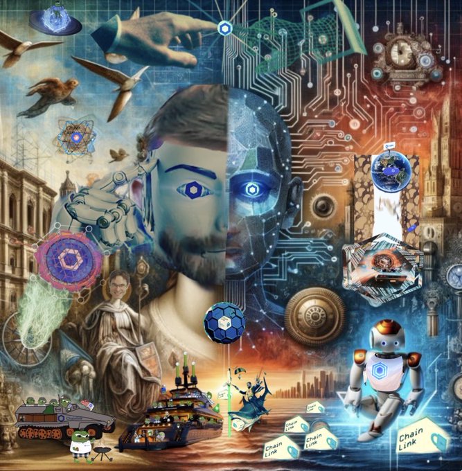 A complex digital collage artwork featuring a bearded man with cybernetic eyes, surrounded by imagery including robots, circuit boards, ChainLink boxes, vehicles, and classical architecture.