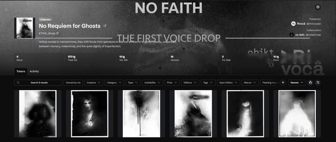 A screenshot of a digital marketplace displaying a collection titled 'No Requiem for Ghosts' by artist KTVIV_Jesus, with the heading 'THE FIRST VOICE DROP' above a row of dark, ethereal artworks.