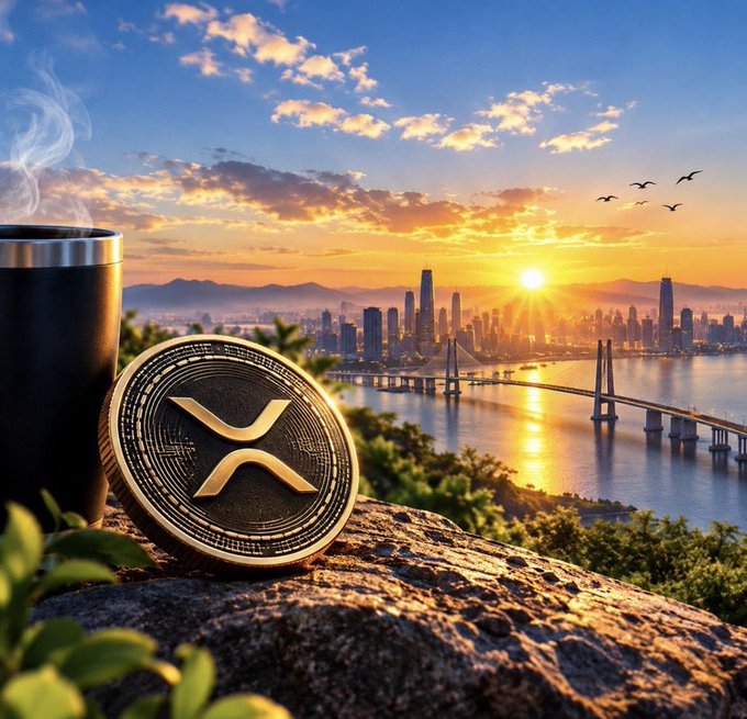 A digitally rendered scene shows a gold XRP cryptocurrency coin next to a steaming travel mug on a rocky outcrop, overlooking a city with skyscrapers and a bridge at sunset.