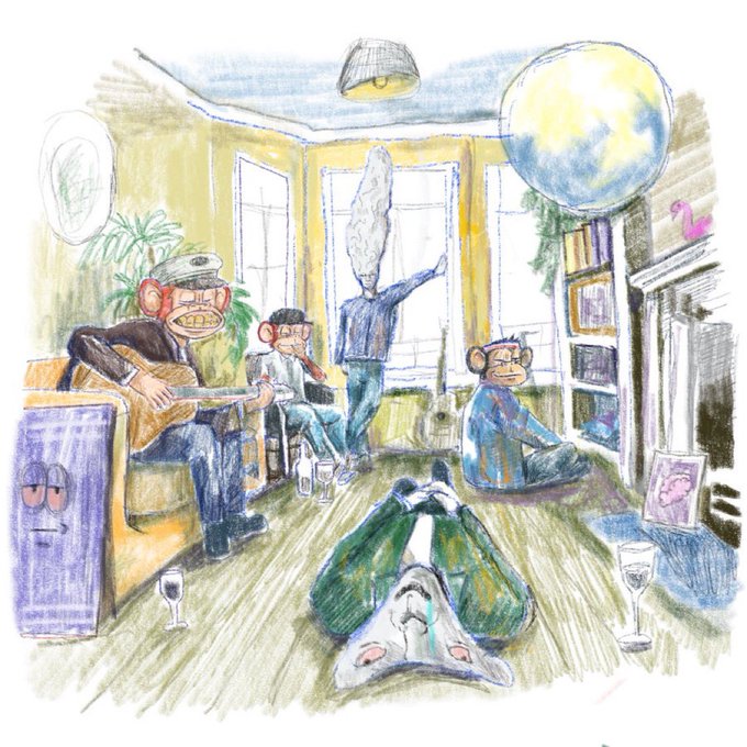 A whimsical colored-pencil sketch shows a living room full of monkey characters—one wearing a captain's hat, another blowing smoke rings—gathered around what appears to be a dead or passed-out figure lying on the floor, with a globe and bookshelves in the background. The chaotic, underground scene of degenerates visually echoes the post's anti-KOL, anti-bot, raw-community ethos, as the "real culture" has devolved into absurd, unpolished absurdity.